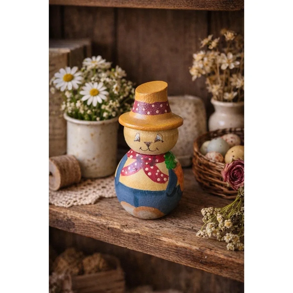 Vintage‎ Hand Made Painted Wooden Bunny Farmer Figurine 3